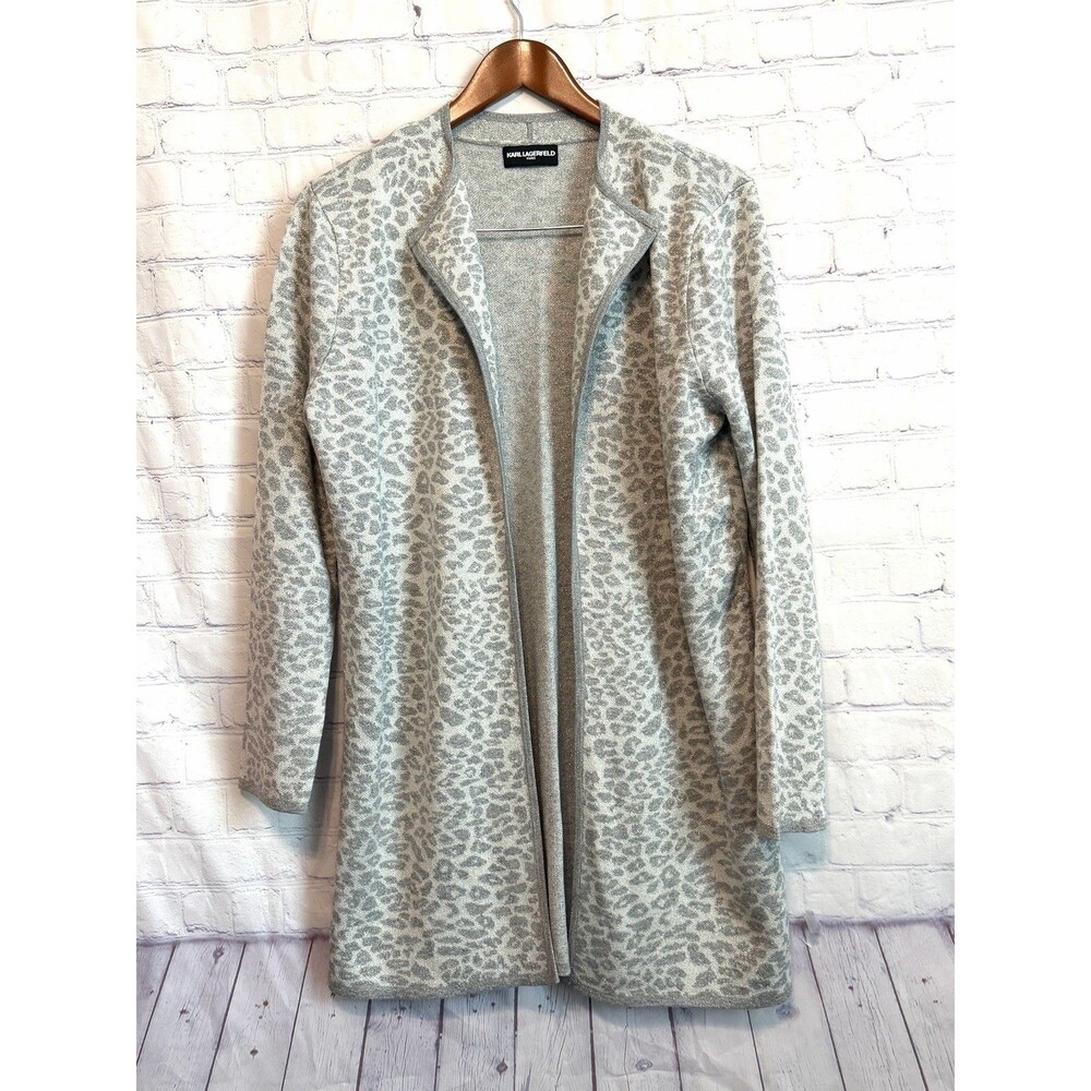 Karl Lagerfeld Paris Metallic Leopard Print Longline Cardigan Sweater Silver L